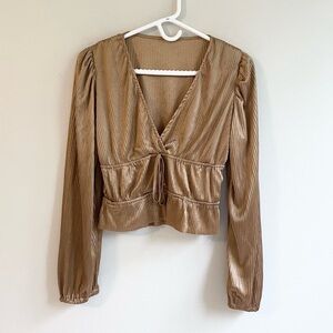 VINTAGE LONG SLEEVE GOLD SHIMMER BLOUSE TOP STRETCH CUFFS WAIST LOW NECK